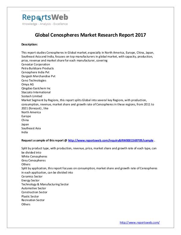 Market Analysis 2017 Analysis: Cenospheres Market Report