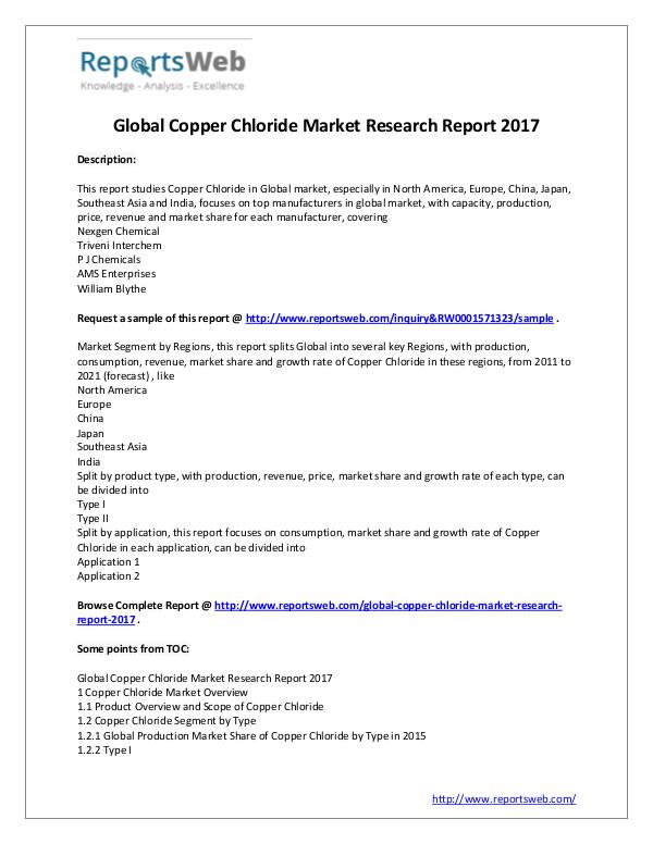 Market Analysis 2017 Analysis: Copper Chloride Market Report