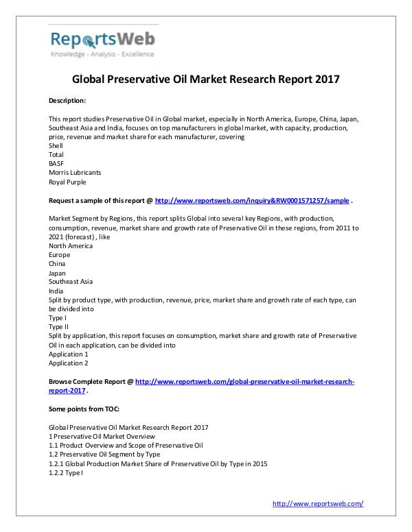 Market Analysis Global Preservative Oil Market Research 2017