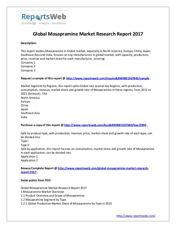 Market Analysis New Study: 2017 Global Mosapramine Market