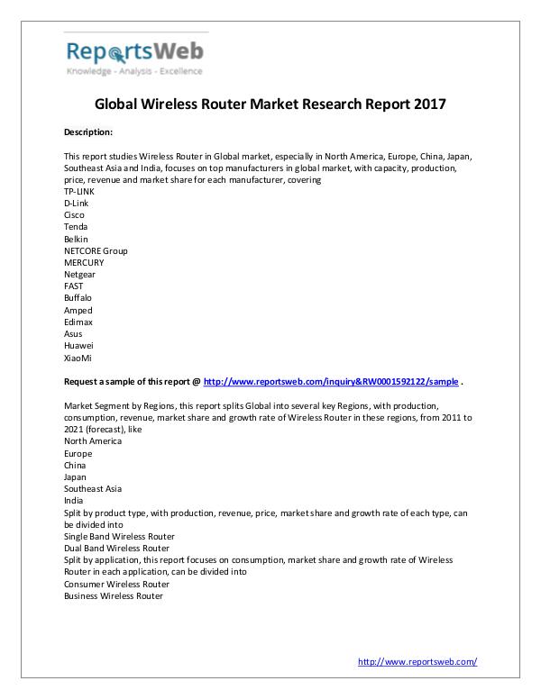 Market Analysis 2017 Analysis: Global Wireless Router Industry
