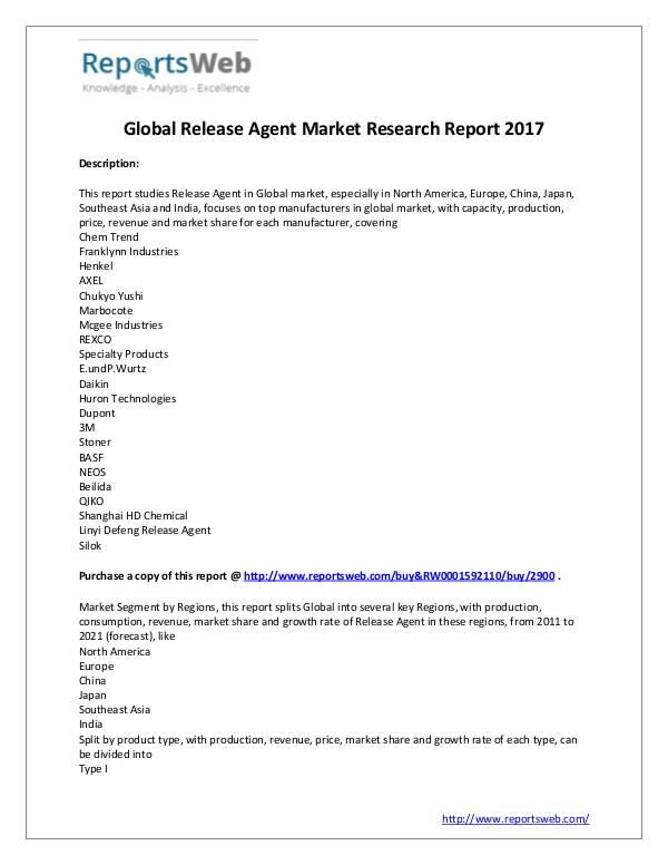 Market Analysis 2017 Analysis: Global Release Agent Industry