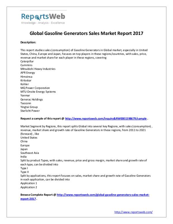 Gasoline Generators Sales Industry 2017-2022