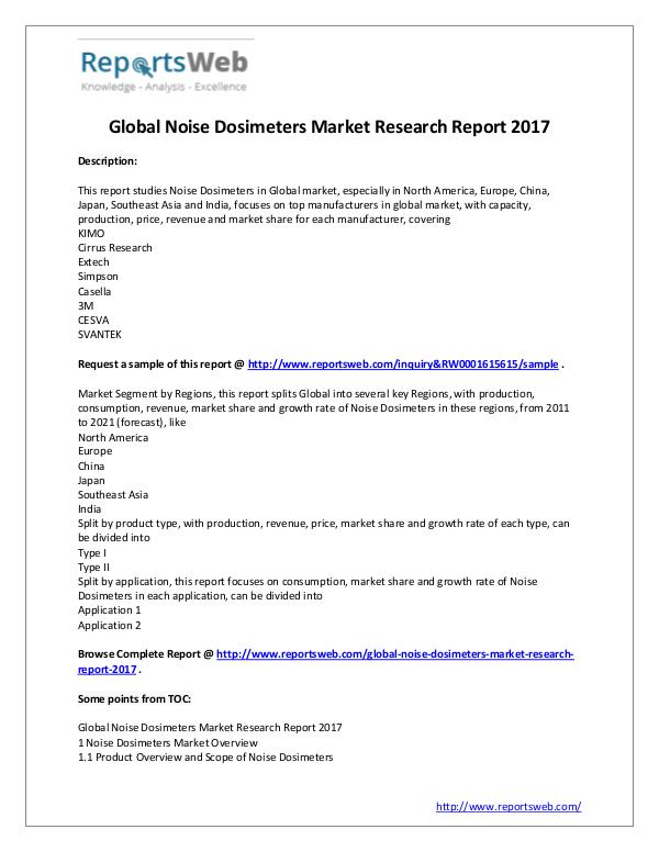 Market Analysis Noise Dosimeters Market - Global Research Report