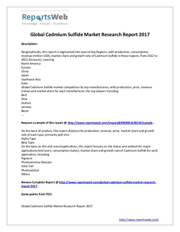 Market Analysis 2017 New Study: Global Cadmium Sulfide Market