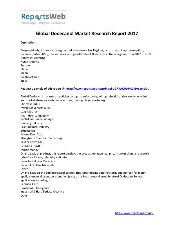 Market Analysis New Report Available: Global Dodecanol Industry