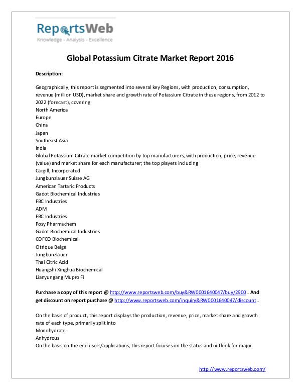 Market Analysis New Study: 2017 Global Potassium Citrate Market
