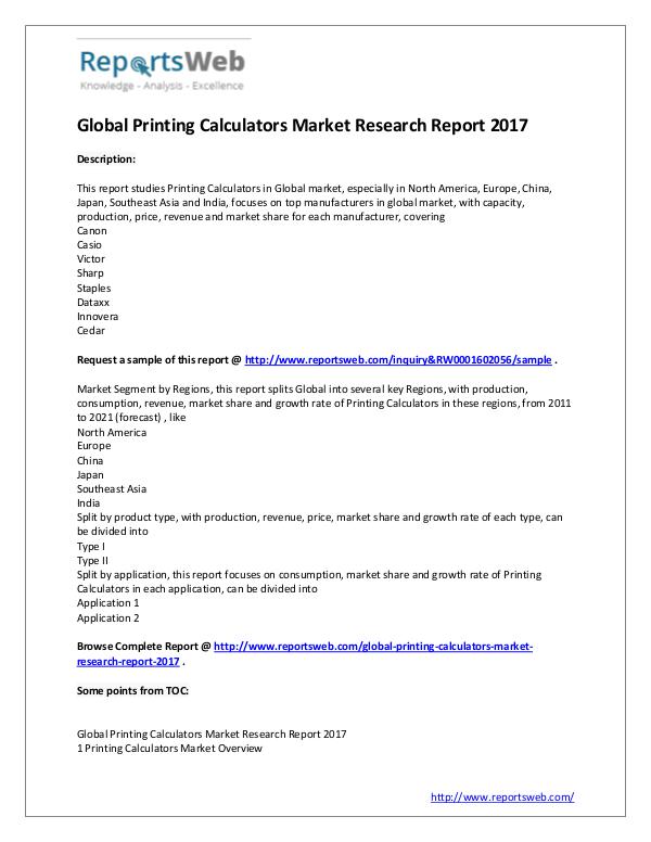 Market Analysis 2017 Global Printing Calculators Market