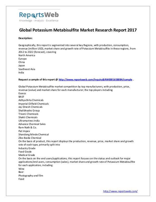 Market Analysis Global Potassium Metabisulfite Industry 2017