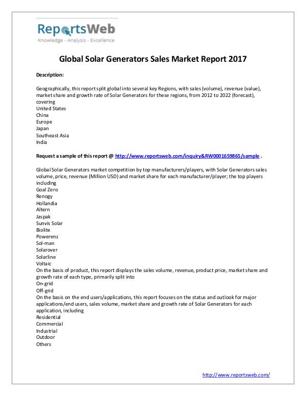 Market Analysis 2017 Global Solar Generators Sales Industry