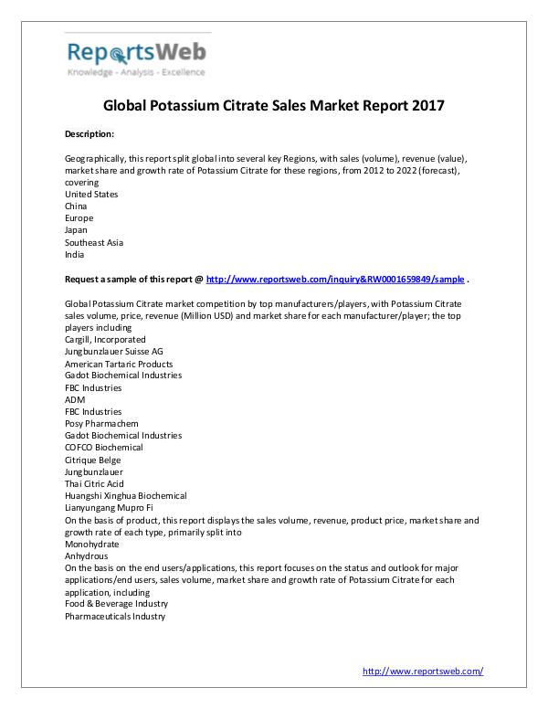 Market Analysis 2017 Global Potassium Citrate Sales Market Outlook