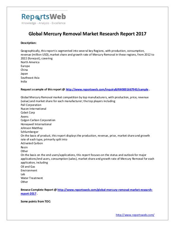 Mercury Removal Market Global Analysis 2017