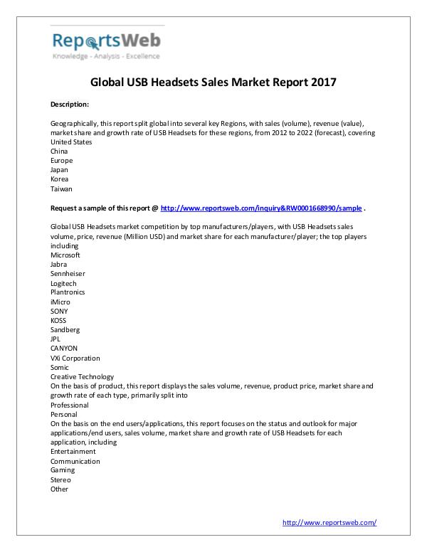 Market Analysis Global Market Share of USB Headsets Sales Market