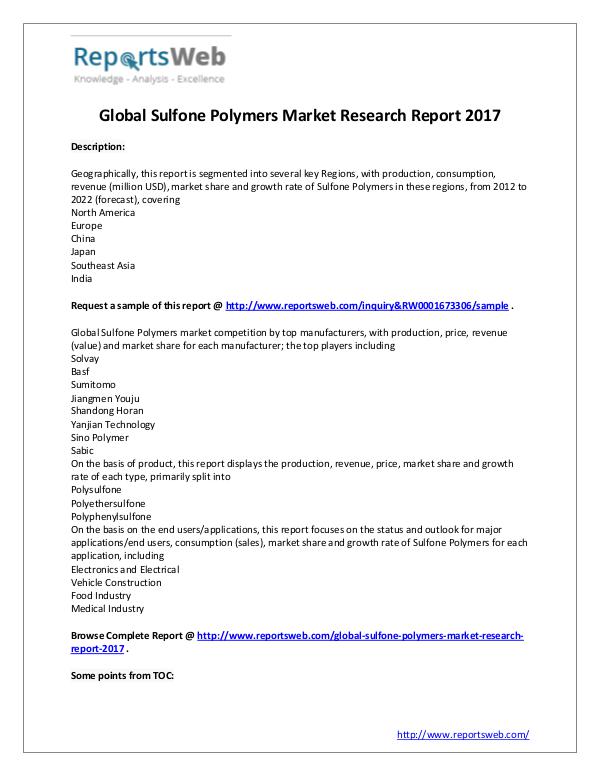 New Study: 2017 Global Sulfone Polymers Market