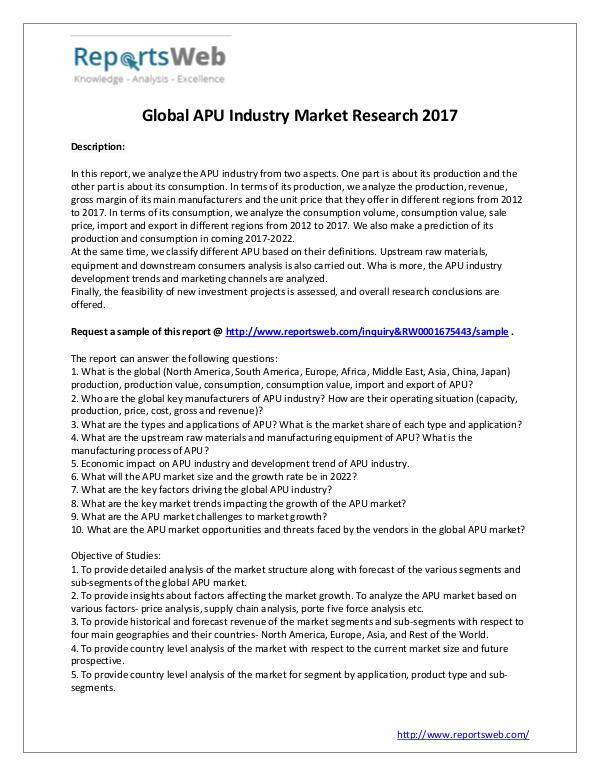 Market Analysis 2017-2022 Global APU Market Report