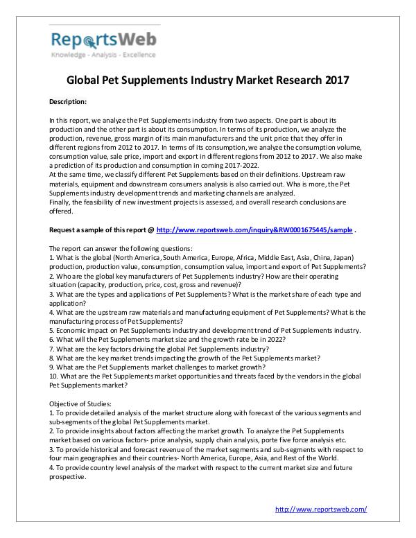 Market Analysis 2017 New Study: Global Pet Supplements Market