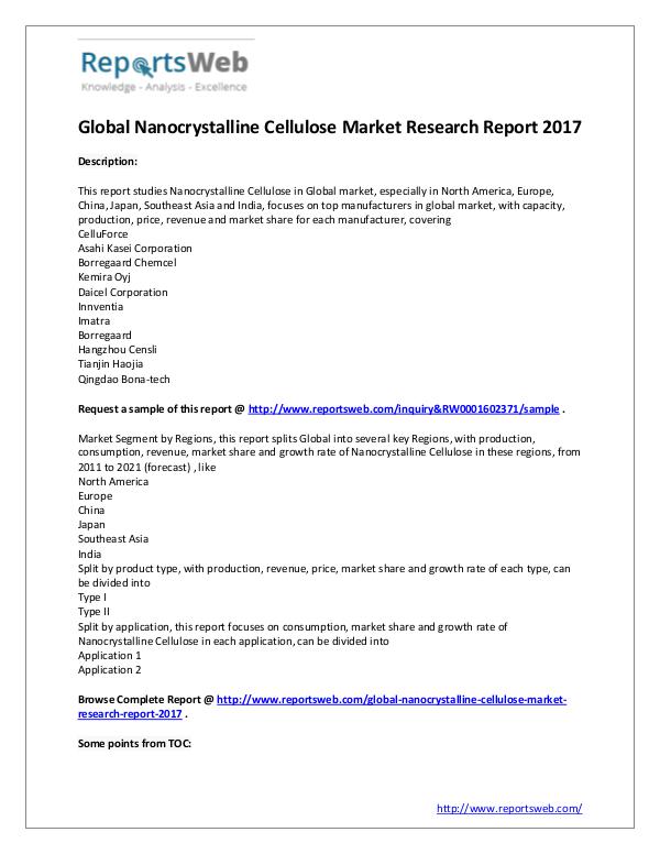 Market Analysis 2017 Global Nanocrystalline Cellulose Market