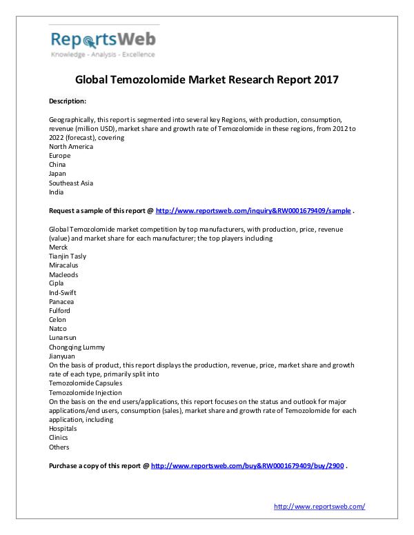 Market Analysis New Study: 2017 Global Temozolomide Market