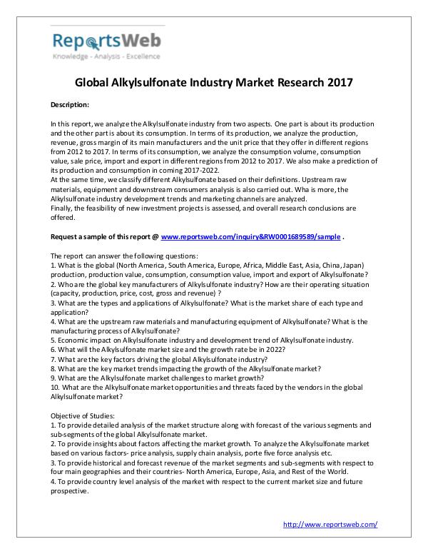 Market Analysis 2017 Analysis: Global Alkylsulfonate Industry