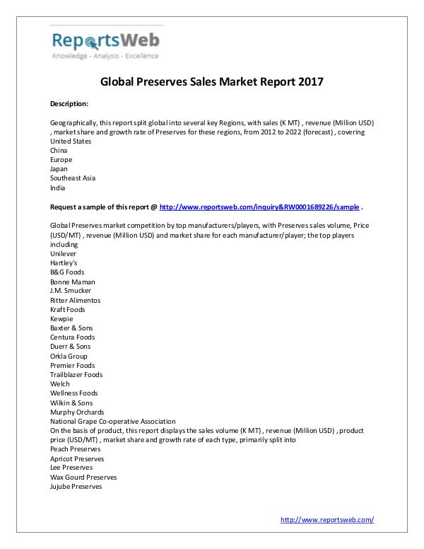 Market Analysis 2017 Analysis: Global Preserves Sales Industry