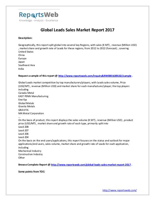 Market Analysis 2017 Study - Global Leads Sales Market