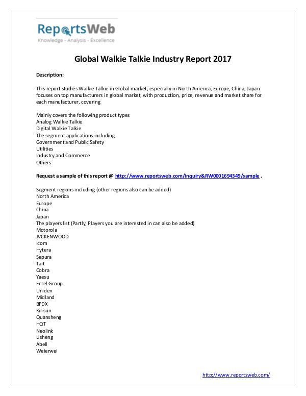 Market Analysis New Study: 2017 Global Walkie Talkie Market