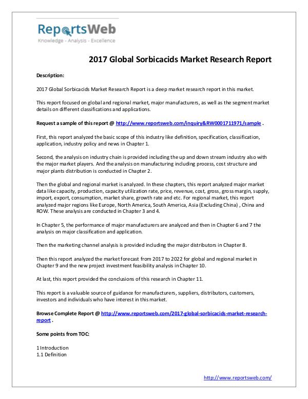 Market Analysis 2017 Sorbicacids Market Study & 2022 Forecast