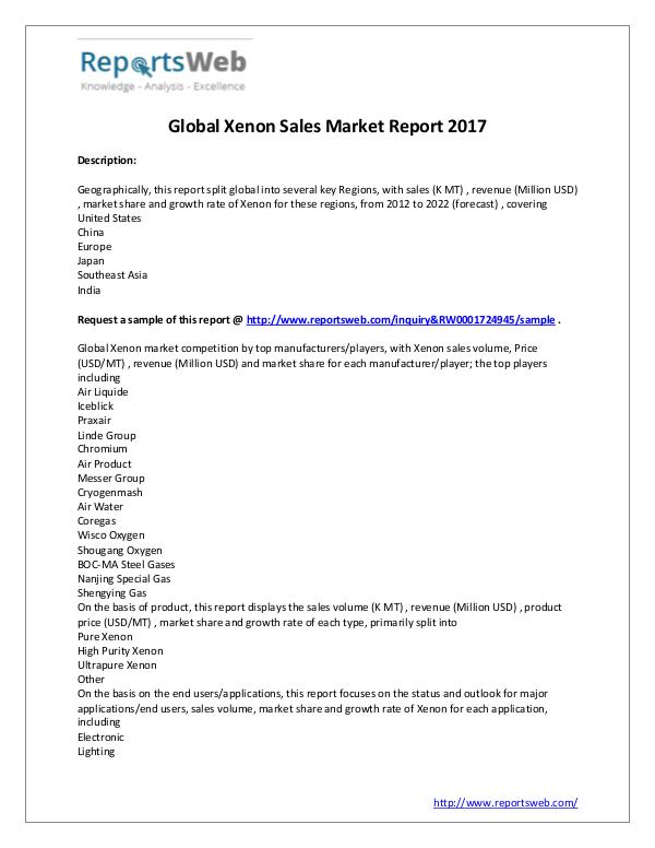 Market Analysis New Study: 2017 Global Xenon Sales Market