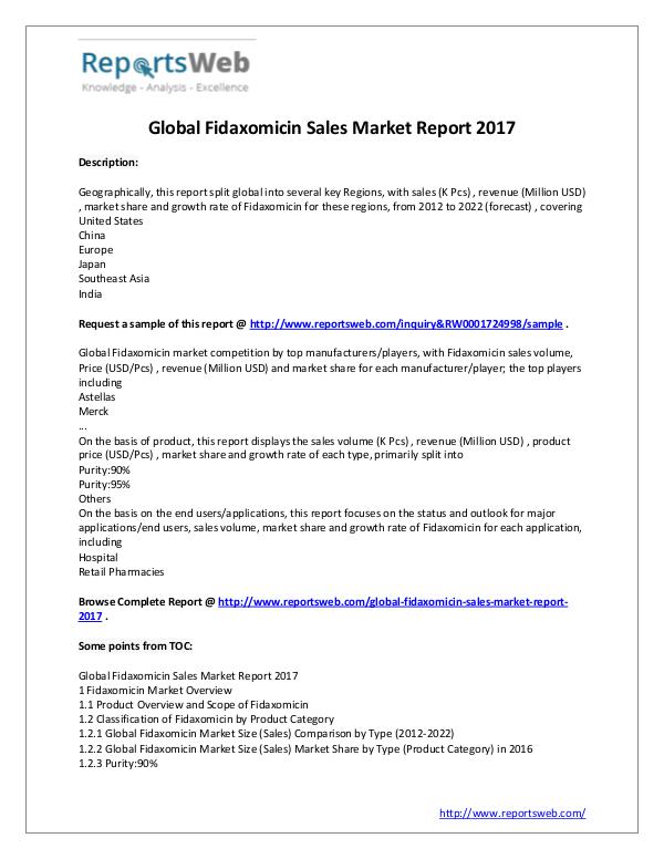 Market Analysis New Study: 2017 Global Fidaxomicin Sales Market