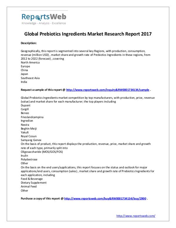 Market Analysis 2017-2022 Global Prebiotics Ingredients Industry