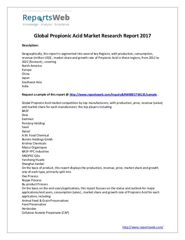 Market Analysis 2017 Study - Global Propionic Acid Market