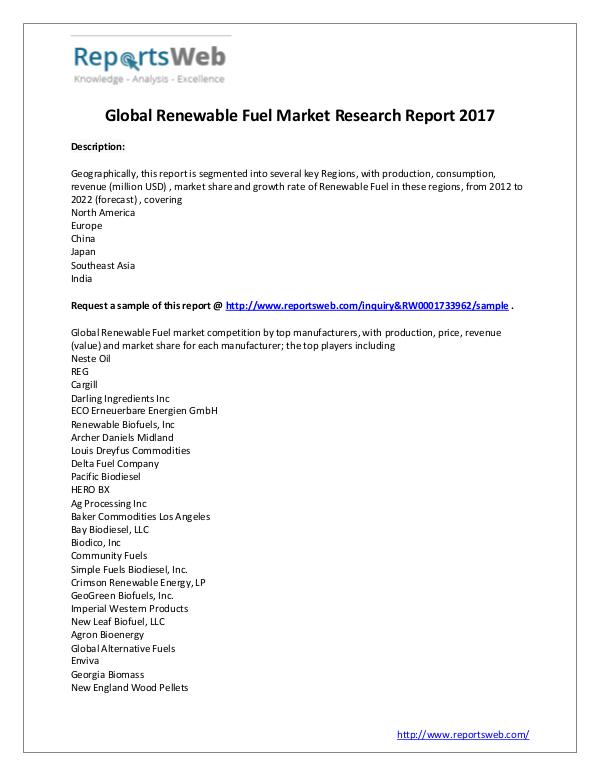 Market Analysis 2017 Analysis: Global Renewable Fuel Industry