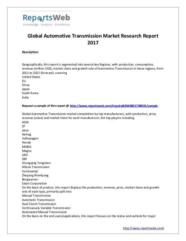 Market Analysis Global Automotive Transmission Industry