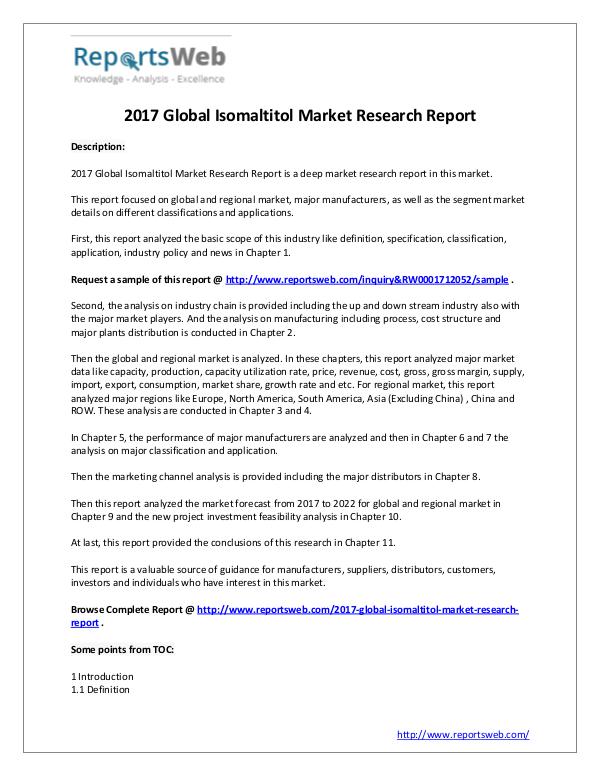 Market Analysis Isomaltitol Industry 2017