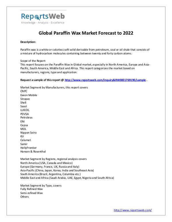Market Analysis Paraffin Wax Market Sales, Revenue and Share Study
