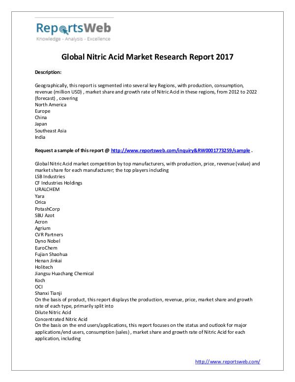 Market Analysis New Study: 2017 Global Nitric Acid Market