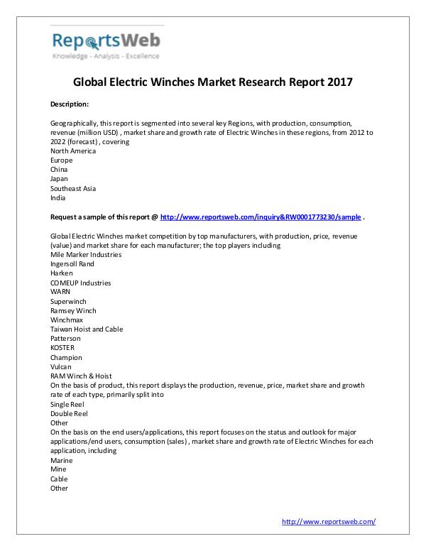 Market Analysis New Study: 2017 Global Electric Winches Market