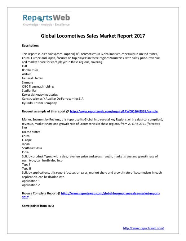 Market Analysis 2017 Study - Global Locomotives Sales Market