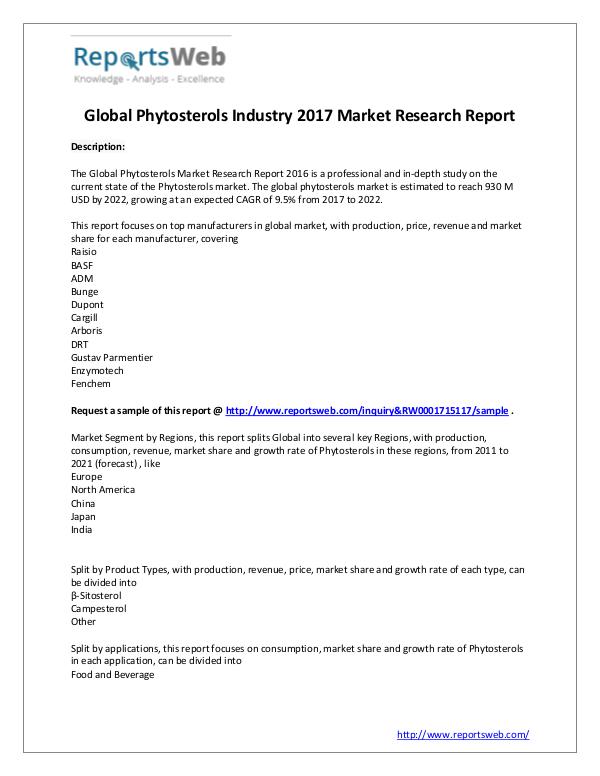 Market Analysis SWOT Analysis of Global Phytosterols Market 2017