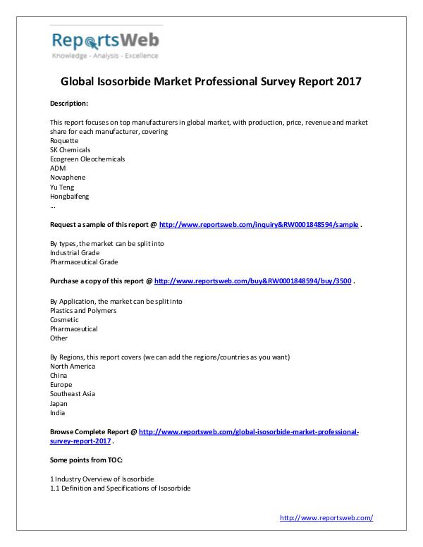 Market Analysis 2017 Study - Global Isosorbide Market