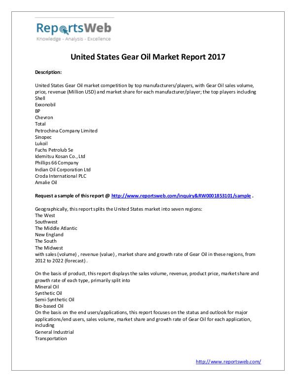 Market Analysis 2017 Study: United States Gear Oil Industry