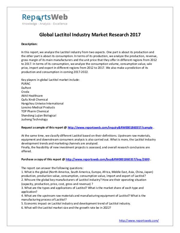 Market Analysis Lactitol Market - Global Research Report 2017