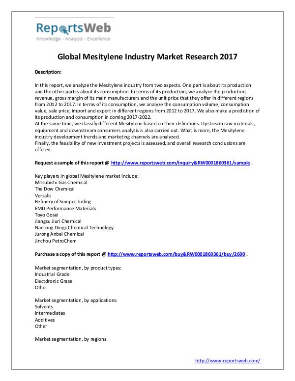 Market Analysis 2017 Development of Mesitylene Industry