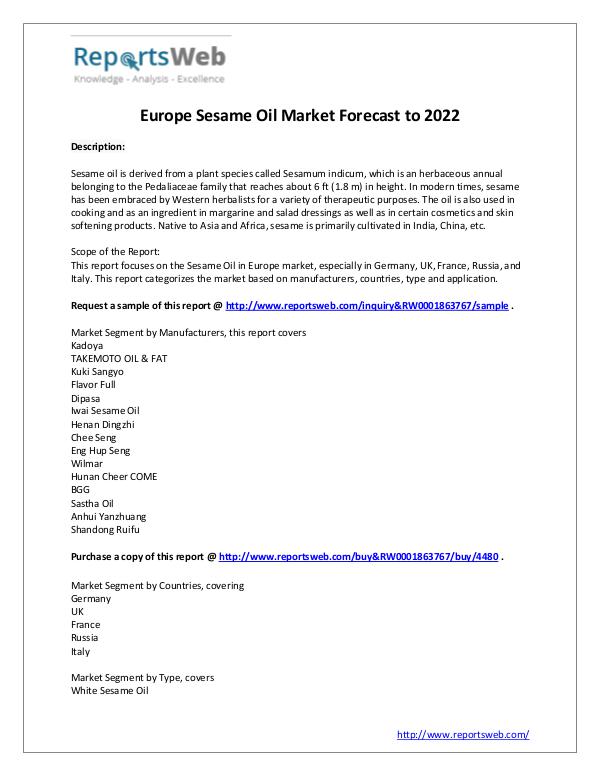 Market Analysis Sesame Oil Market - Europe Research Report 2017