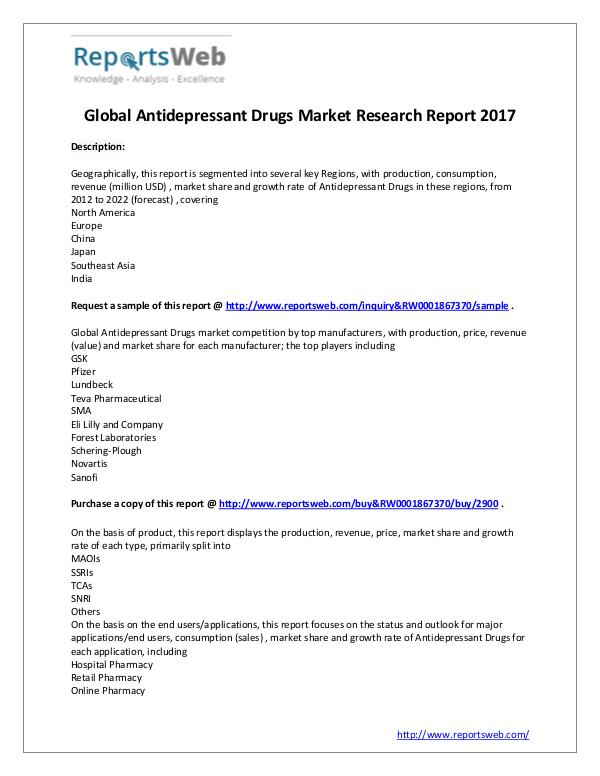 Market Analysis 2017 Development of Antidepressant Drugs Industry