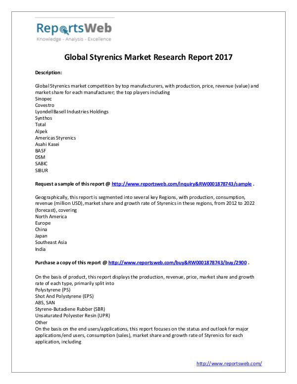 Market Analysis 2017 Development of Styrenics Industry