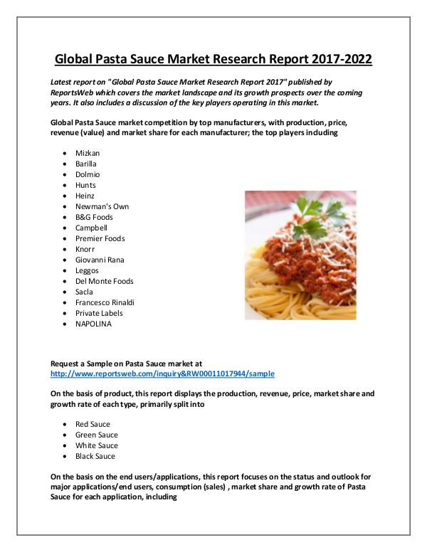 Market Analysis Pasta Sauce Market 2017 Share and Growth