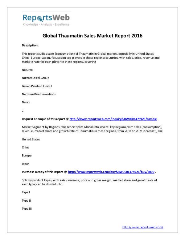 Market Analysis 2016 Analysis: Global Thaumatin Sales Industry