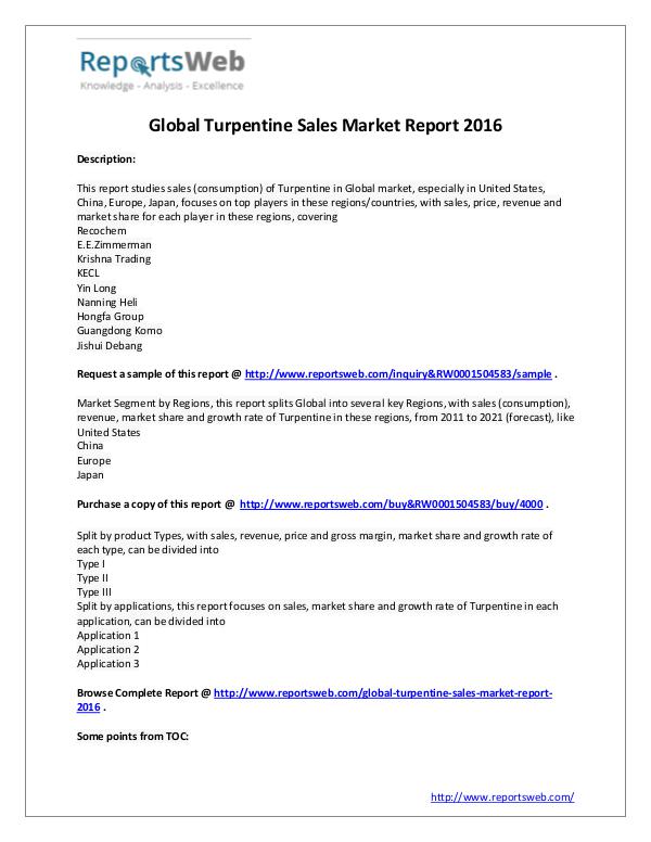 Market Analysis 2016 Analysis: Global Turpentine Sales Industry