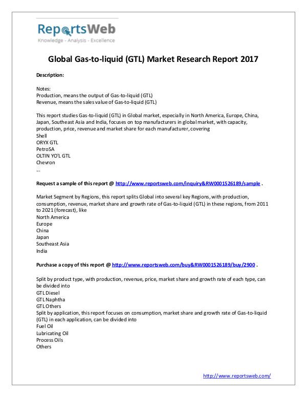 Market Analysis 2017 Analysis: Global Gas-to-liquid (GTL) Industry
